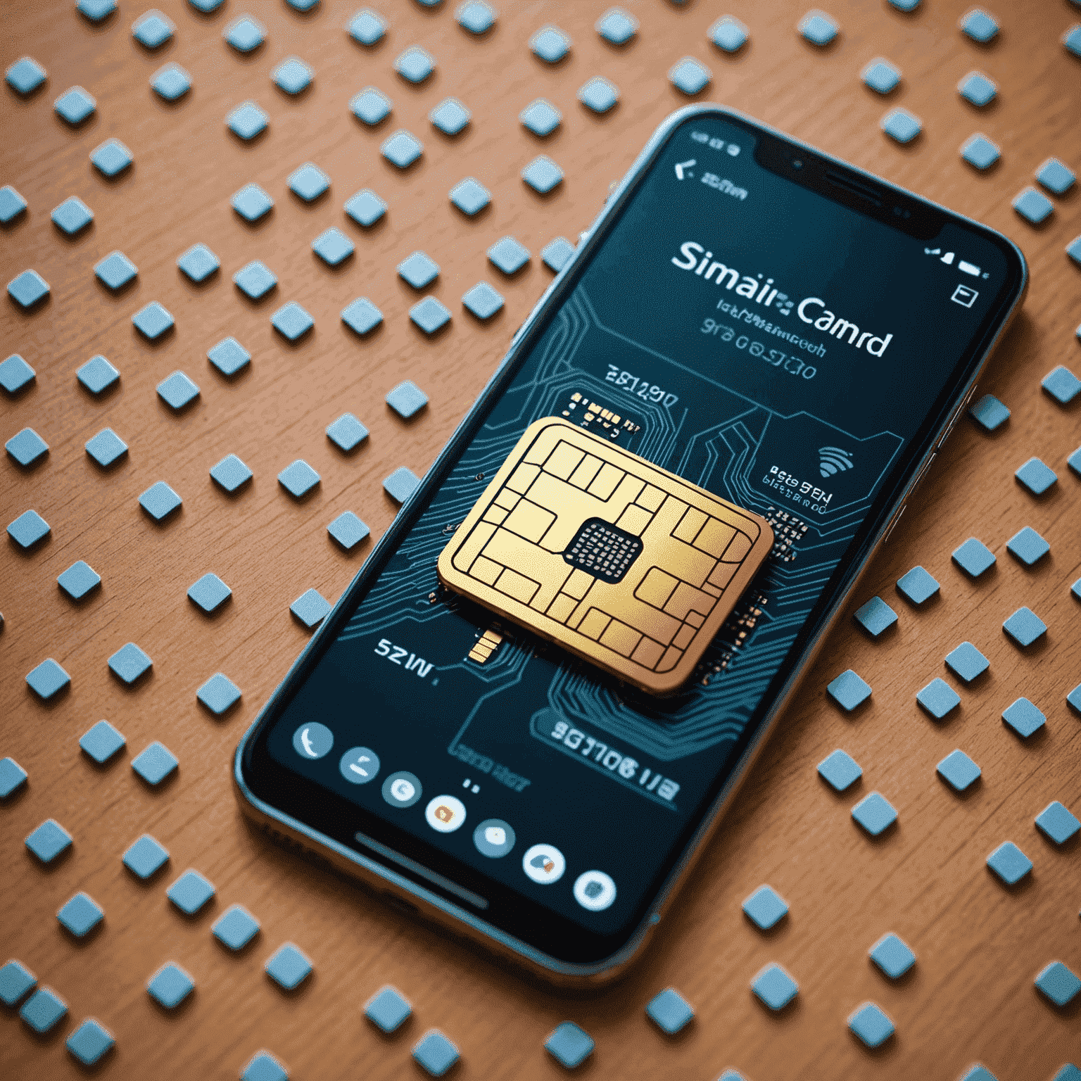 صورة توضيحية لتقنية eSIM: بطاقة SIM صغيرة مدمجة في هاتف ذكي مع رموز رقمية تحيط بها